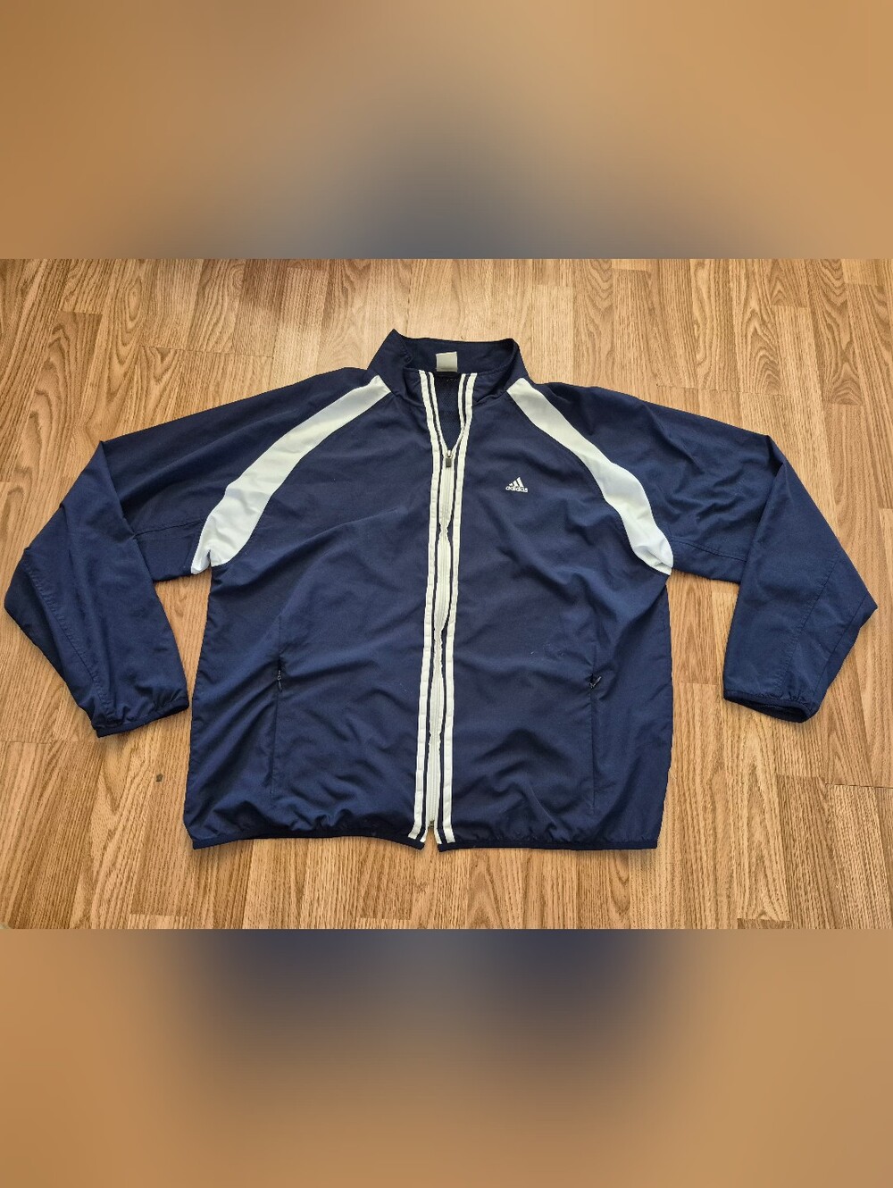 Vintage Adidas Men's Blue and White Windbreaker Full Zip Jacket